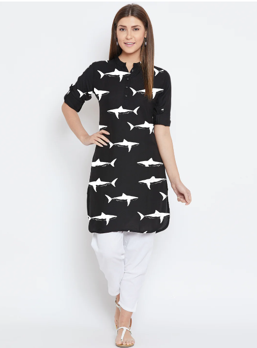 White Shark Black Kurta Print (Unstitched)